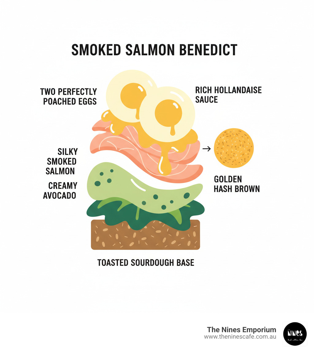 Diagram detailing the recipe for the perfect smoked salmon Benedict, including rich hollandaise, silky salmon, creamy avocado, and two poached eggs. Diagram detailing the recipe for the perfect smoked salmon Benedict, including rich hollandaise, silky salmon, creamy avocado, and two poached eggs.
