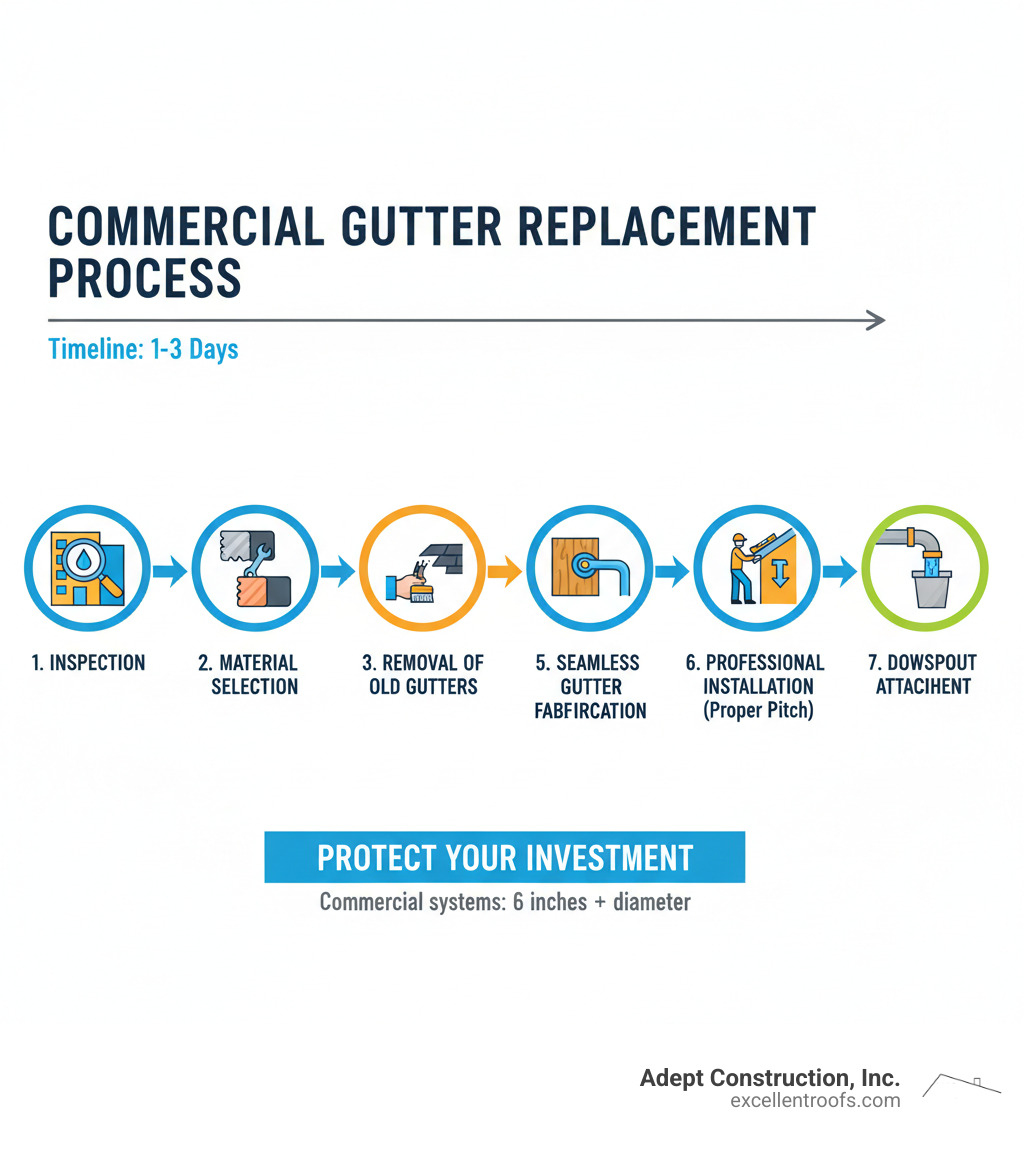 Commercial gutter replacement process infographic showing inspection, material selection, removal of old gutters, fascia preparation, seamless gutter fabrication, professional installation with proper pitch, downspout attachment, and final testing with typical timeline of 1-3 days for completion - Commercial gutter replacement infographic 