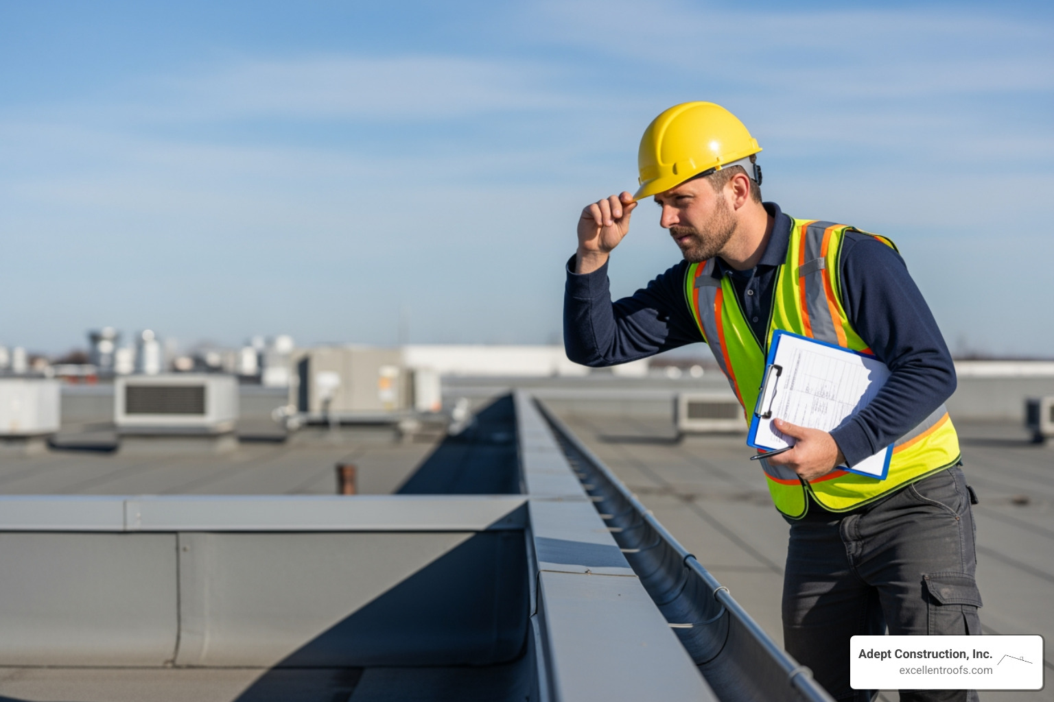 professional inspecting commercial roofline - Commercial gutter replacement