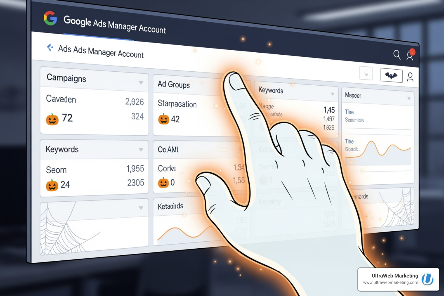 Spooky hand creating a Google Ads Manager Account in a haunted dashboard - adwords campaign manager Spooky hand creating a Google Ads Manager Account in a haunted dashboard - adwords campaign manager