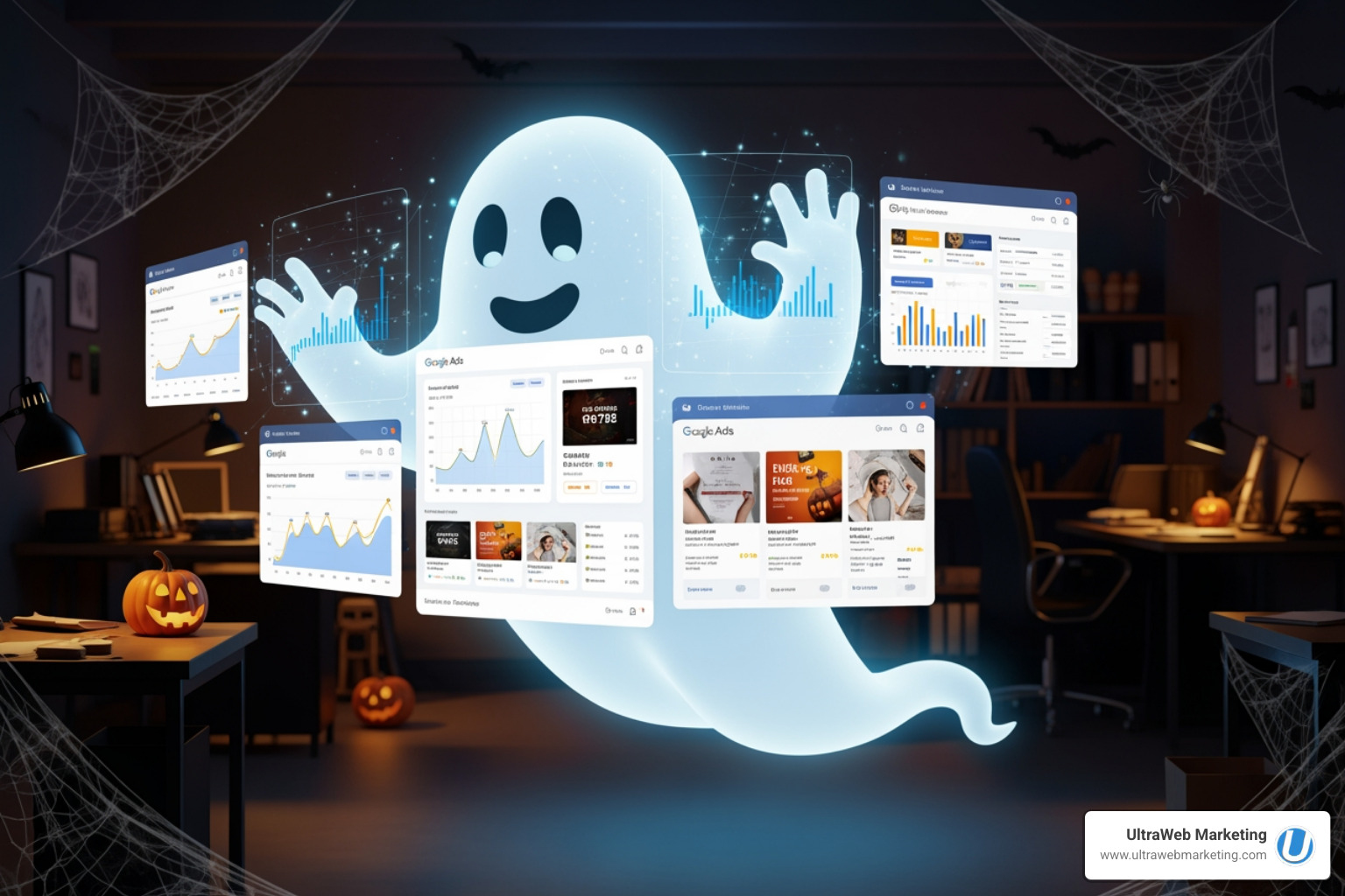 Ghostly figure managing multiple Google Ads campaigns from a centralized dashboard - adwords campaign manager Ghostly figure managing multiple Google Ads campaigns from a centralized dashboard - adwords campaign manager