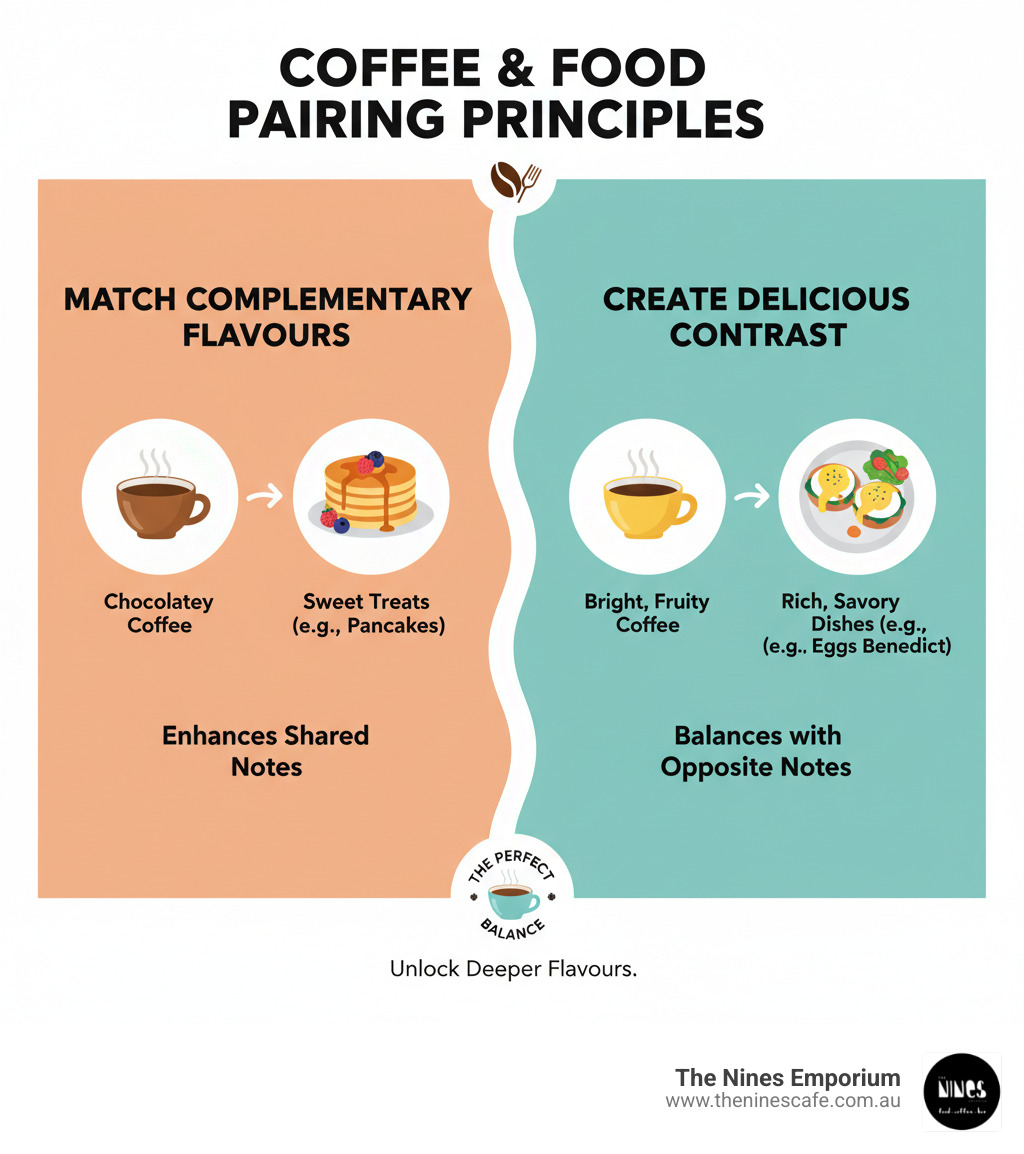 infographic explaining the two core principles of pairing: matching complementary flavours vs creating a delicious contrast - coffee and food pairing infographic infographic explaining the two core principles of pairing: matching complementary flavours vs creating a delicious contrast - coffee and food pairing infographic