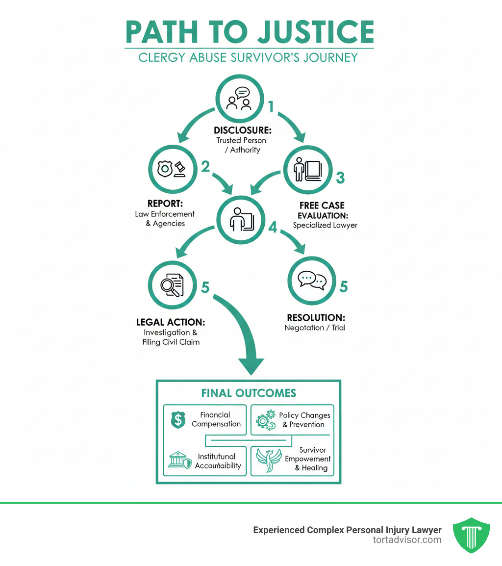 Infographic showing the path from abuse to justice: First, survivor discloses abuse to trusted person or authority; Second, report to law enforcement and relevant agencies; Third, consult with specialized priest abuse lawyer for free case evaluation; Fourth, lawyer investigates, gathers evidence, and files civil claim; Fifth, negotiation or trial leading to settlement or verdict; Final outcomes include financial compensation, institutional accountability, policy changes to protect others, and survivor empowerment and healing - Priest abuse lawyer infographic Infographic showing the path from abuse to justice: First, survivor discloses abuse to trusted person or authority; Second, report to law enforcement and relevant agencies; Third, consult with specialized priest abuse lawyer for free case evaluation; Fourth, lawyer investigates, gathers evidence, and files civil claim; Fifth, negotiation or trial leading to settlement or verdict; Final outcomes include financial compensation, institutional accountability, policy changes to protect others, and survivor empowerment and healing - Priest abuse lawyer infographic