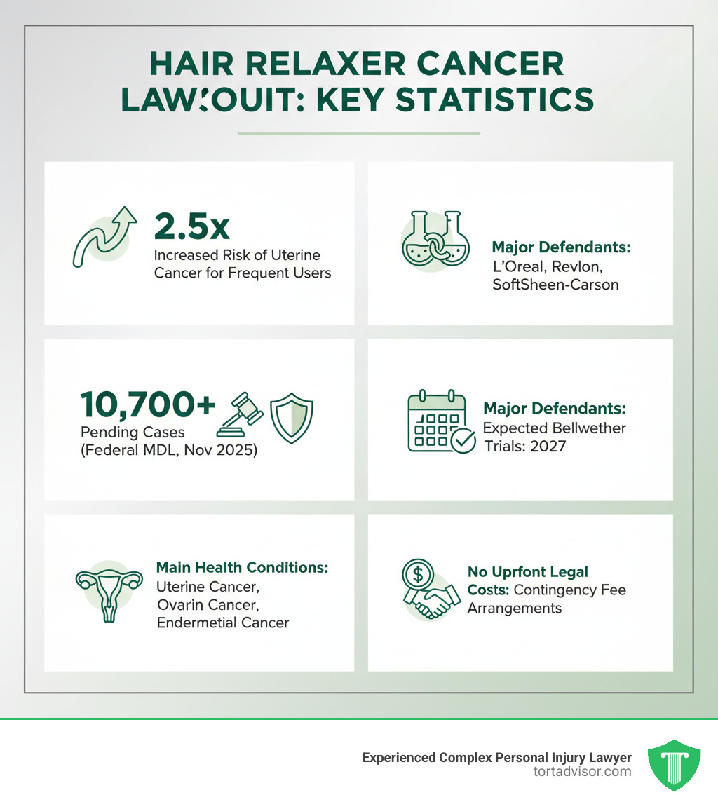 Infographic showing hair relaxer cancer lawsuit key statistics: 2.5x increased risk of uterine cancer for frequent users, 10,700+ pending cases in federal MDL as of November 2025, main health conditions including uterine cancer, ovarian cancer, and endometrial cancer, major defendants including L'Oréal, Revlon, and SoftSheen-Carson, expected bellwether trials in 2027, and no upfront legal costs with contingency fee arrangements - hair relaxer cancer lawsuit infographic Infographic showing hair relaxer cancer lawsuit key statistics: 2.5x increased risk of uterine cancer for frequent users, 10,700+ pending cases in federal MDL as of November 2025, main health conditions including uterine cancer, ovarian cancer, and endometrial cancer, major defendants including L'Oréal, Revlon, and SoftSheen-Carson, expected bellwether trials in 2027, and no upfront legal costs with contingency fee arrangements - hair relaxer cancer lawsuit infographic