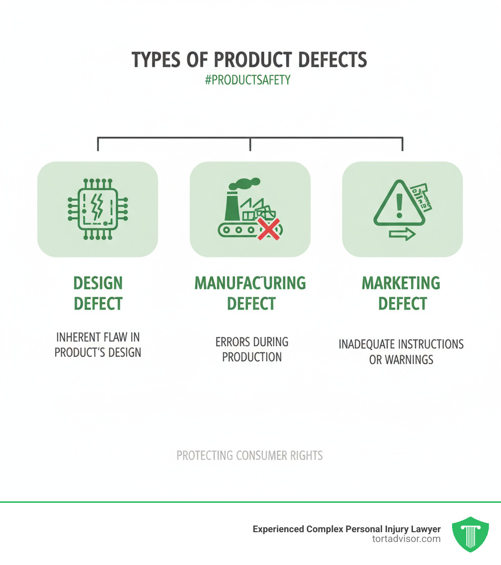 infographic showing three types of product defects: design defects with a blueprint icon showing an inherent flaw in the product's design; manufacturing defects with a factory icon showing errors during production; and marketing defects with a warning label icon showing inadequate instructions or warnings - product injury lawyer infographic infographic showing three types of product defects: design defects with a blueprint icon showing an inherent flaw in the product's design; manufacturing defects with a factory icon showing errors during production; and marketing defects with a warning label icon showing inadequate instructions or warnings - product injury lawyer infographic
