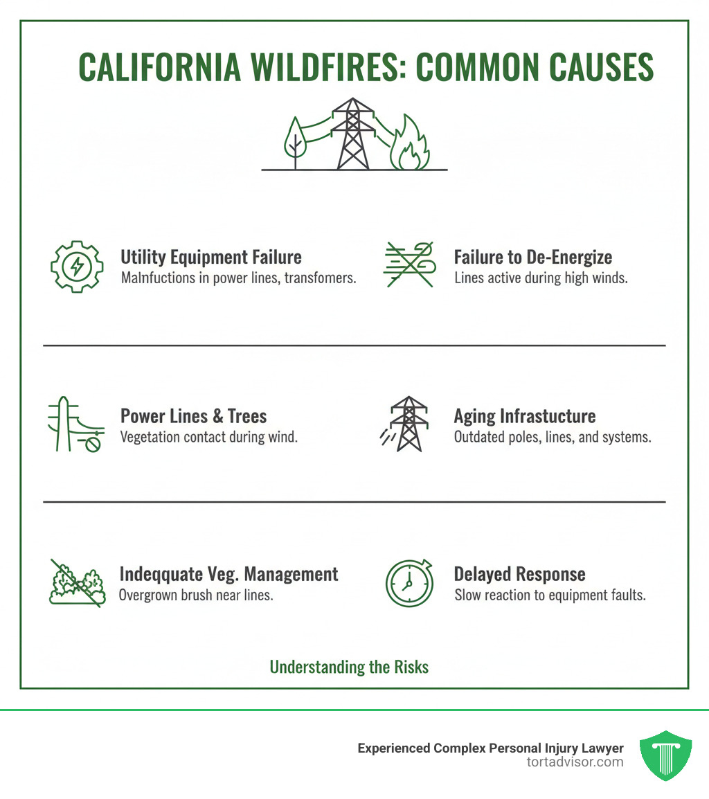 Infographic showing common causes of California wildfires including utility equipment failure, power lines contacting trees, inadequate vegetation management, failure to de-energize lines during high winds, aging infrastructure, and delayed response to equipment faults - wildfire lawsuit California infographic Infographic showing common causes of California wildfires including utility equipment failure, power lines contacting trees, inadequate vegetation management, failure to de-energize lines during high winds, aging infrastructure, and delayed response to equipment faults - wildfire lawsuit California infographic