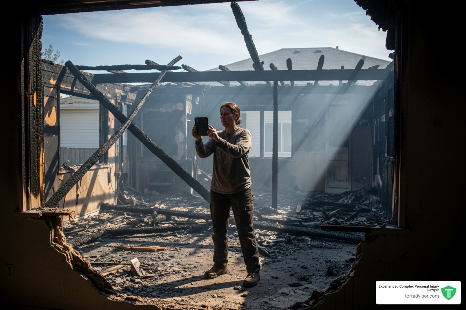 Homeowner documenting property damage after a wildfire - wildfire lawsuit California Homeowner documenting property damage after a wildfire - wildfire lawsuit California