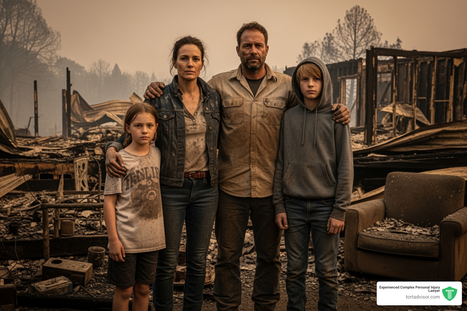 Family standing in front of their burned-down home - wildfire lawsuit California Family standing in front of their burned-down home - wildfire lawsuit California