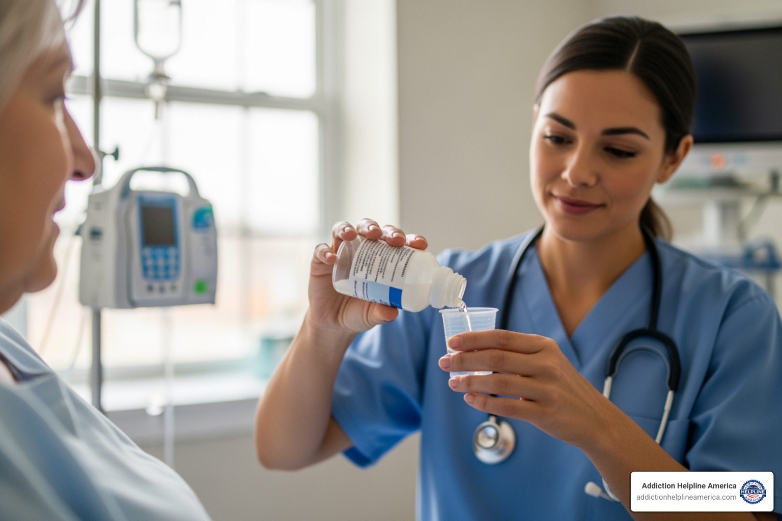 A compassionate nurse dispensing liquid methadone medication into a cup for a patient - methadone programs near me A compassionate nurse dispensing liquid methadone medication into a cup for a patient - methadone programs near me