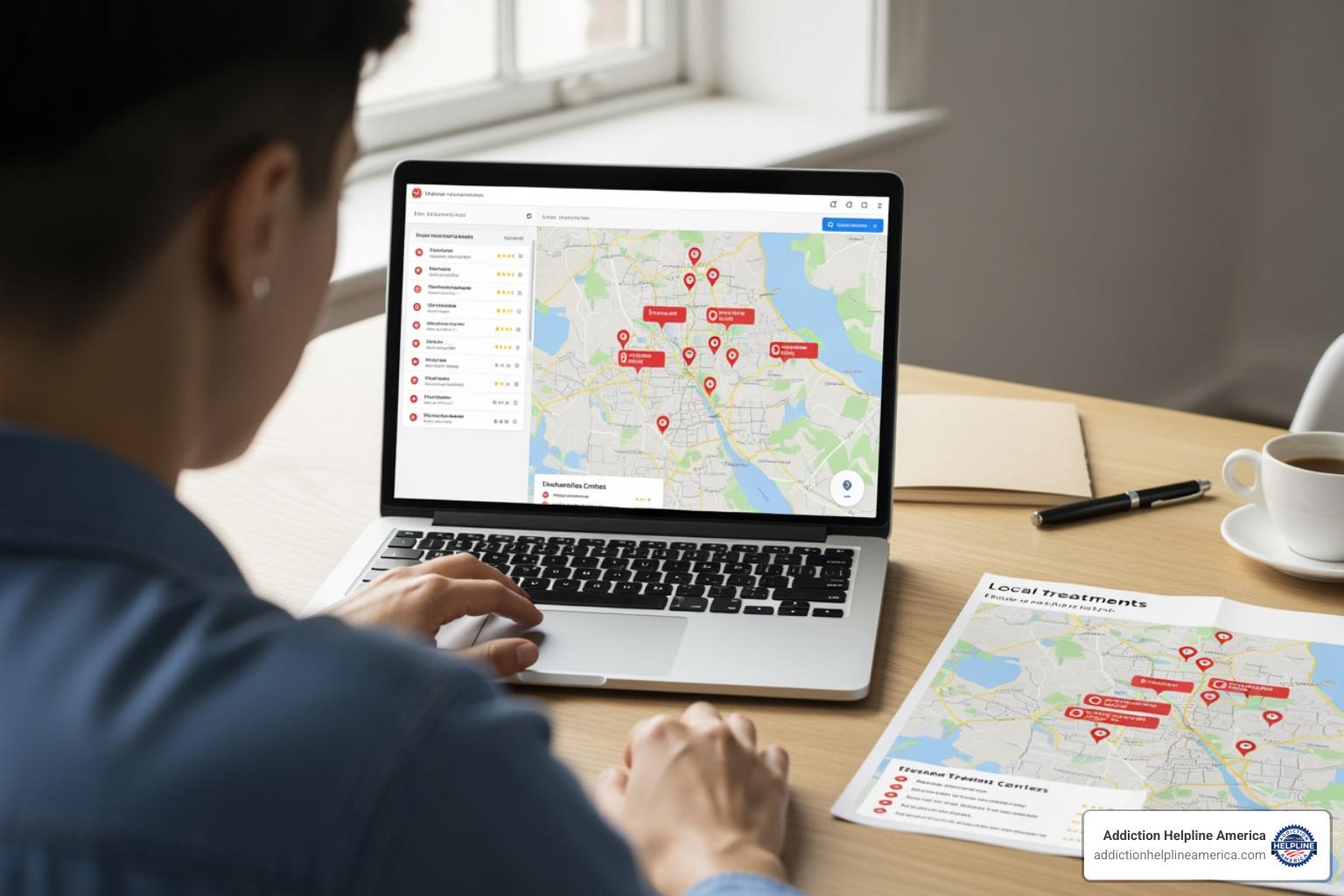 A person using a laptop to search for local methadone clinics, with a map showing nearby treatment centers - methadone programs near me A person using a laptop to search for local methadone clinics, with a map showing nearby treatment centers - methadone programs near me
