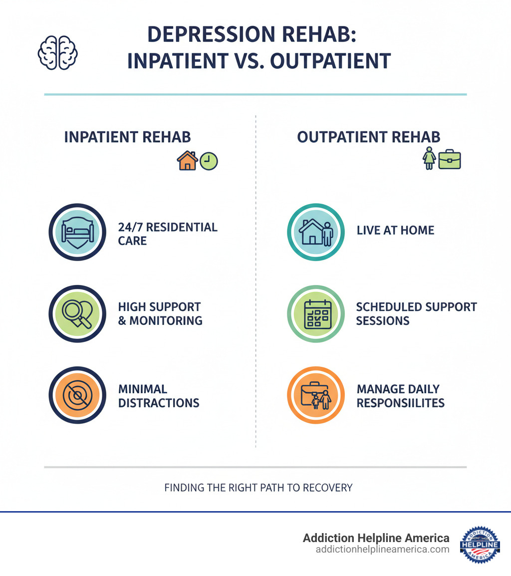 infographic comparing inpatient and outpatient depression rehab features - rehab facilities for depression infographic infographic comparing inpatient and outpatient depression rehab features - rehab facilities for depression infographic