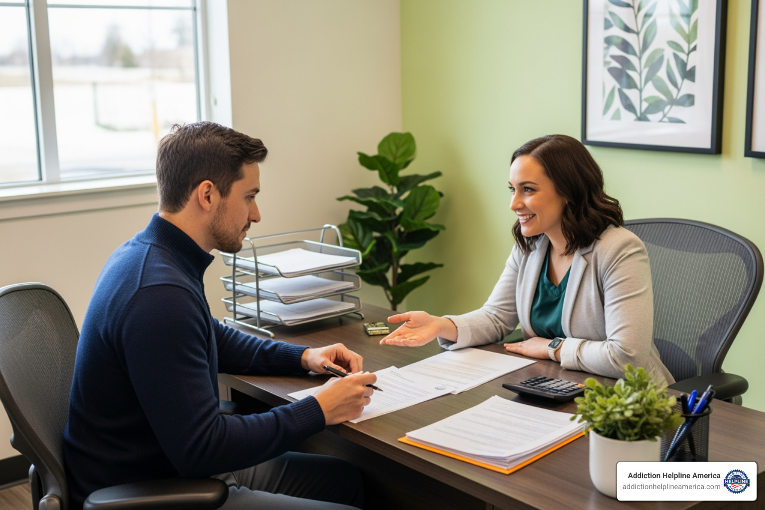 Person reviewing financial paperwork with admissions coordinator - Colorado Springs detox center Person reviewing financial paperwork with admissions coordinator - Colorado Springs detox center