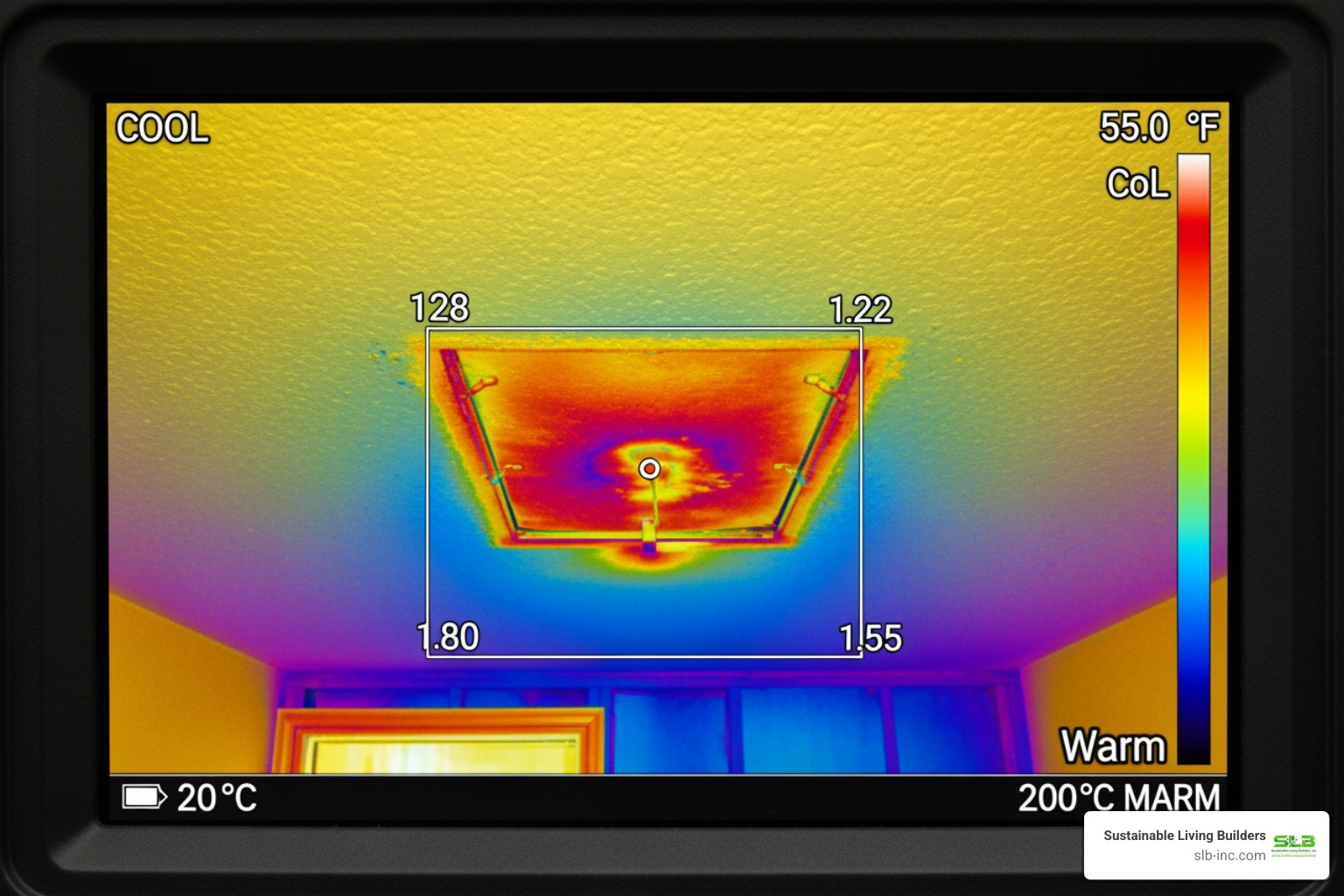 Infrared camera view showing heat loss from an attic hatch - energy audit services Infrared camera view showing heat loss from an attic hatch - energy audit services
