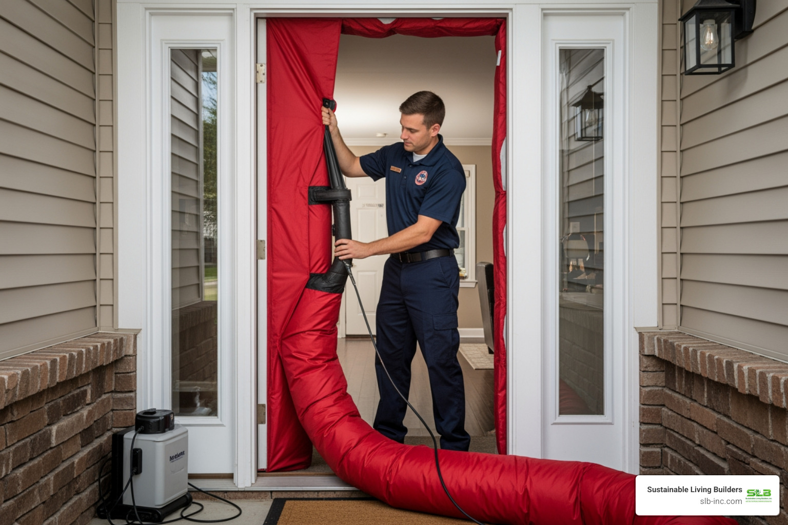 Energy auditor setting up a blower door test in a home's front doorway - energy audit services Energy auditor setting up a blower door test in a home's front doorway - energy audit services