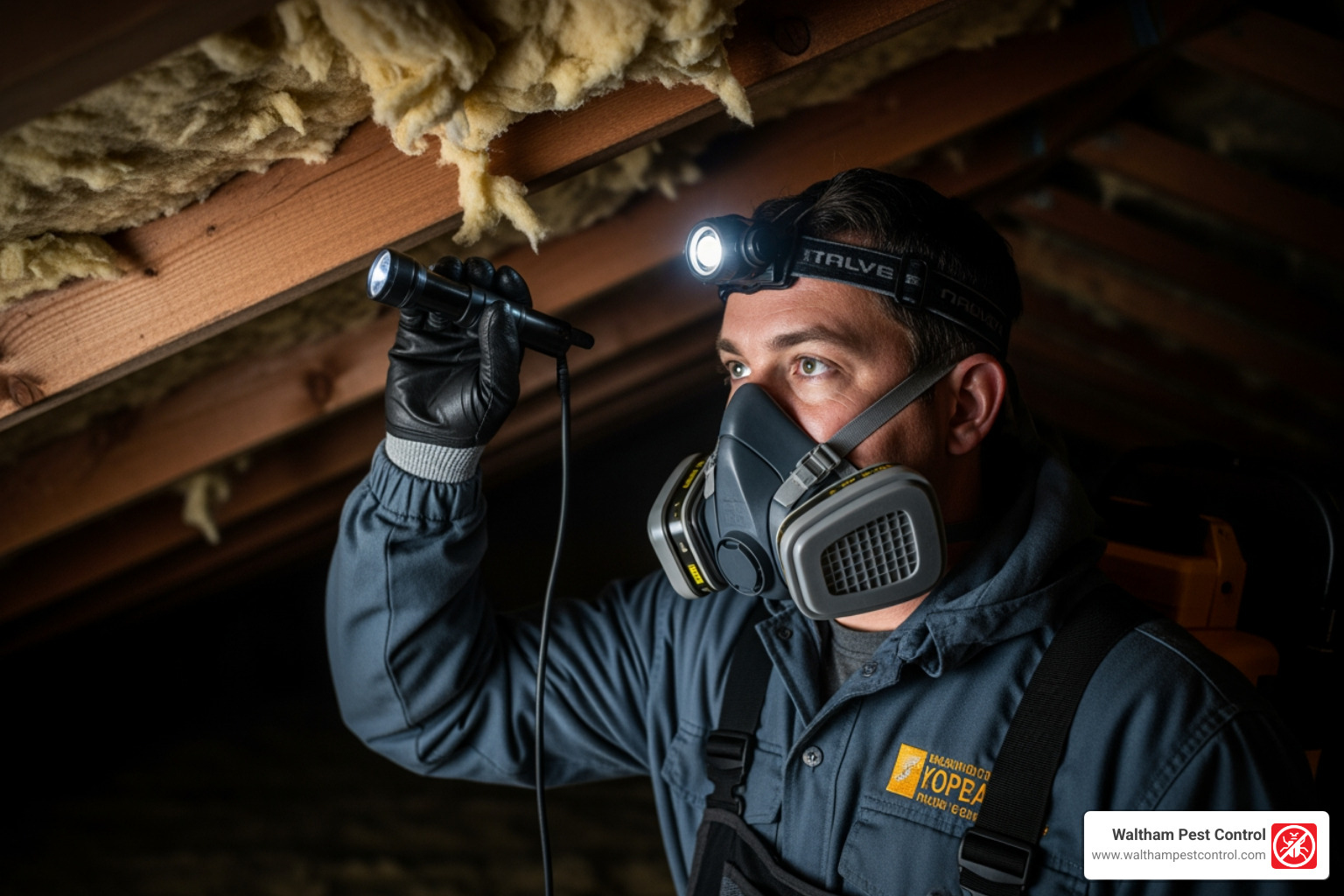 professional pest control technician safely inspecting an attic space - dead rat in roof