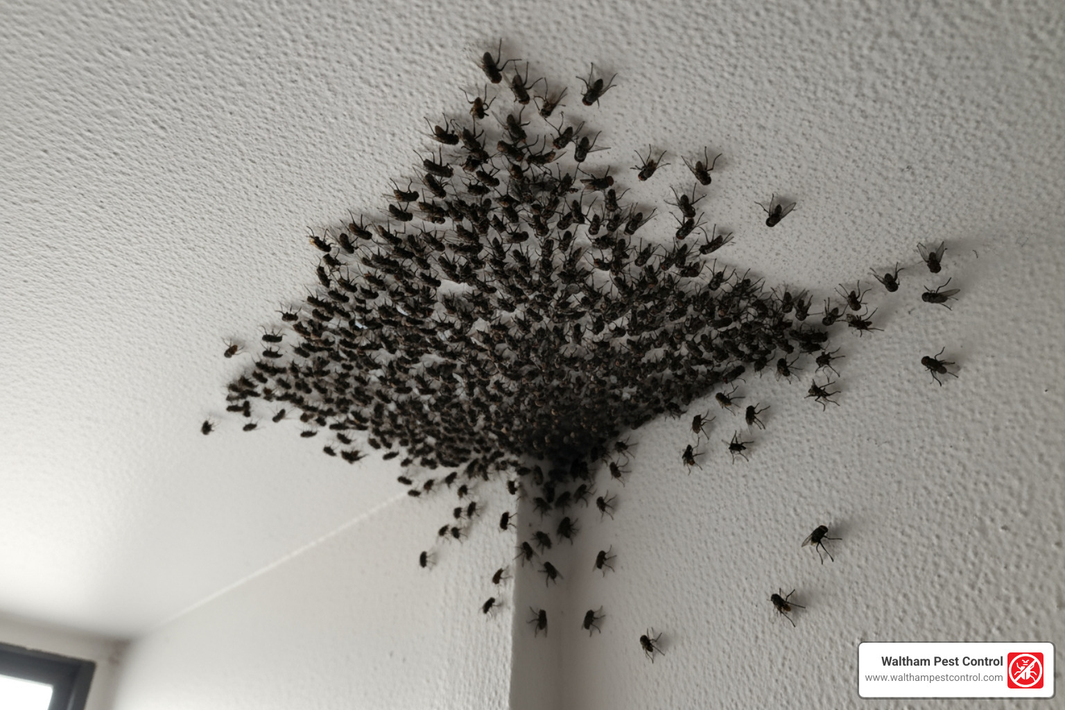 flies congregating on a ceiling corner - dead rat in roof