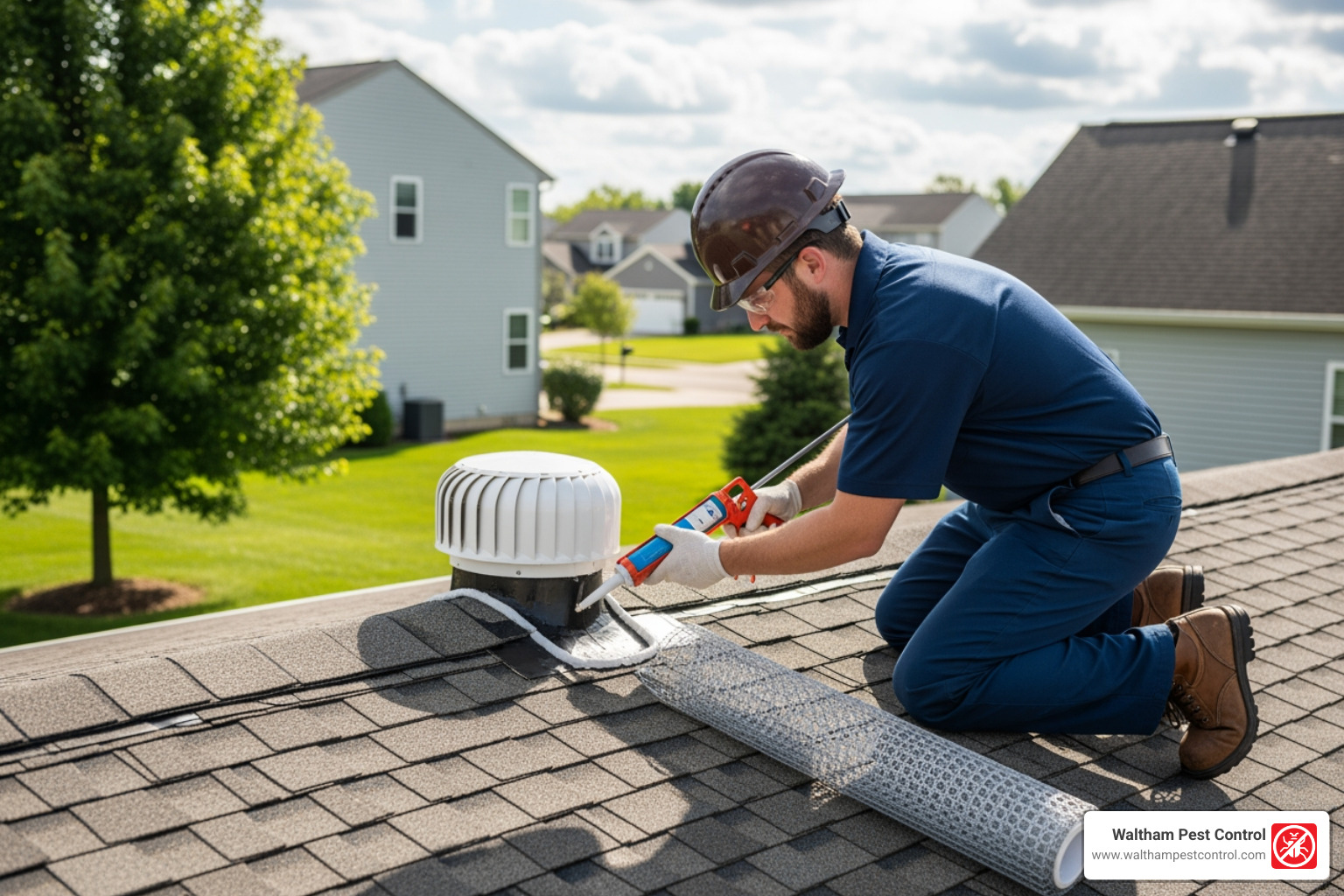 technician sealing a roof vent - dead rat in roof