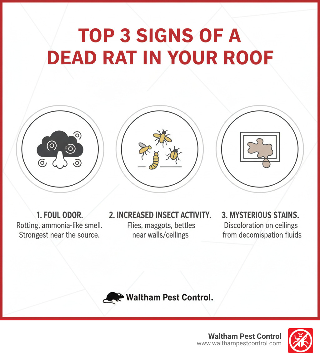 Infographic showing the top 3 signs of a dead rat in your roof: 1) Foul, putrid odor resembling rotting cabbage or ammonia, strongest near the source. 2) Increased insect activity including flies, maggots, and beetles congregating near walls or ceilings. 3) Mysterious stains or discoloration on ceiling surfaces caused by decomposition fluids seeping through materials. - dead rat in roof infographic 