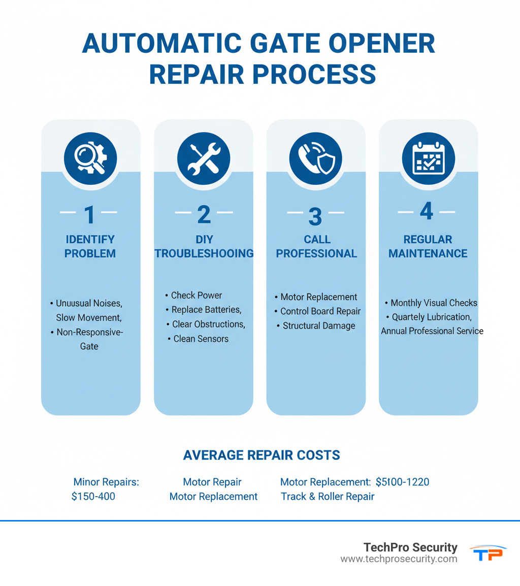 Infographic showing the automatic gate opener repair process: 1. Identify the problem (unusual noises, slow movement, non-responsive gate), 2. Try DIY troubleshooting (check power, replace batteries, clear obstructions, clean sensors), 3. Call a professional for complex issues (motor replacement, control board repair, structural damage), 4. Schedule regular maintenance (monthly visual checks, quarterly lubrication, annual professional service). Average repair costs: Minor repairs $150-400, Motor repair $200-600, Motor replacement $500-1200, Track and roller repair $100-350. - automatic gate opener repair infographic Infographic showing the automatic gate opener repair process: 1. Identify the problem (unusual noises, slow movement, non-responsive gate), 2. Try DIY troubleshooting (check power, replace batteries, clear obstructions, clean sensors), 3. Call a professional for complex issues (motor replacement, control board repair, structural damage), 4. Schedule regular maintenance (monthly visual checks, quarterly lubrication, annual professional service). Average repair costs: Minor repairs $150-400, Motor repair $200-600, Motor replacement $500-1200, Track and roller repair $100-350. - automatic gate opener repair infographic