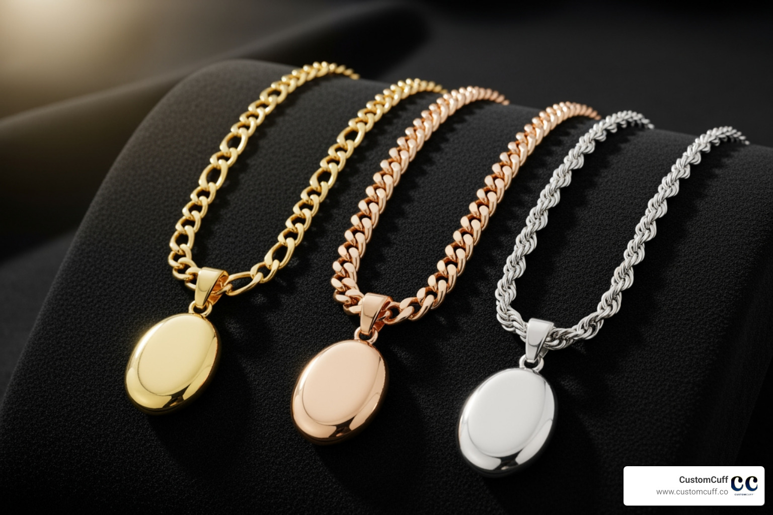 Warm glow of yellow, rose, and white solid gold side-by-side. Alt text: "Yellow, rose, and white solid gold necklaces." - solid gold virgo necklace