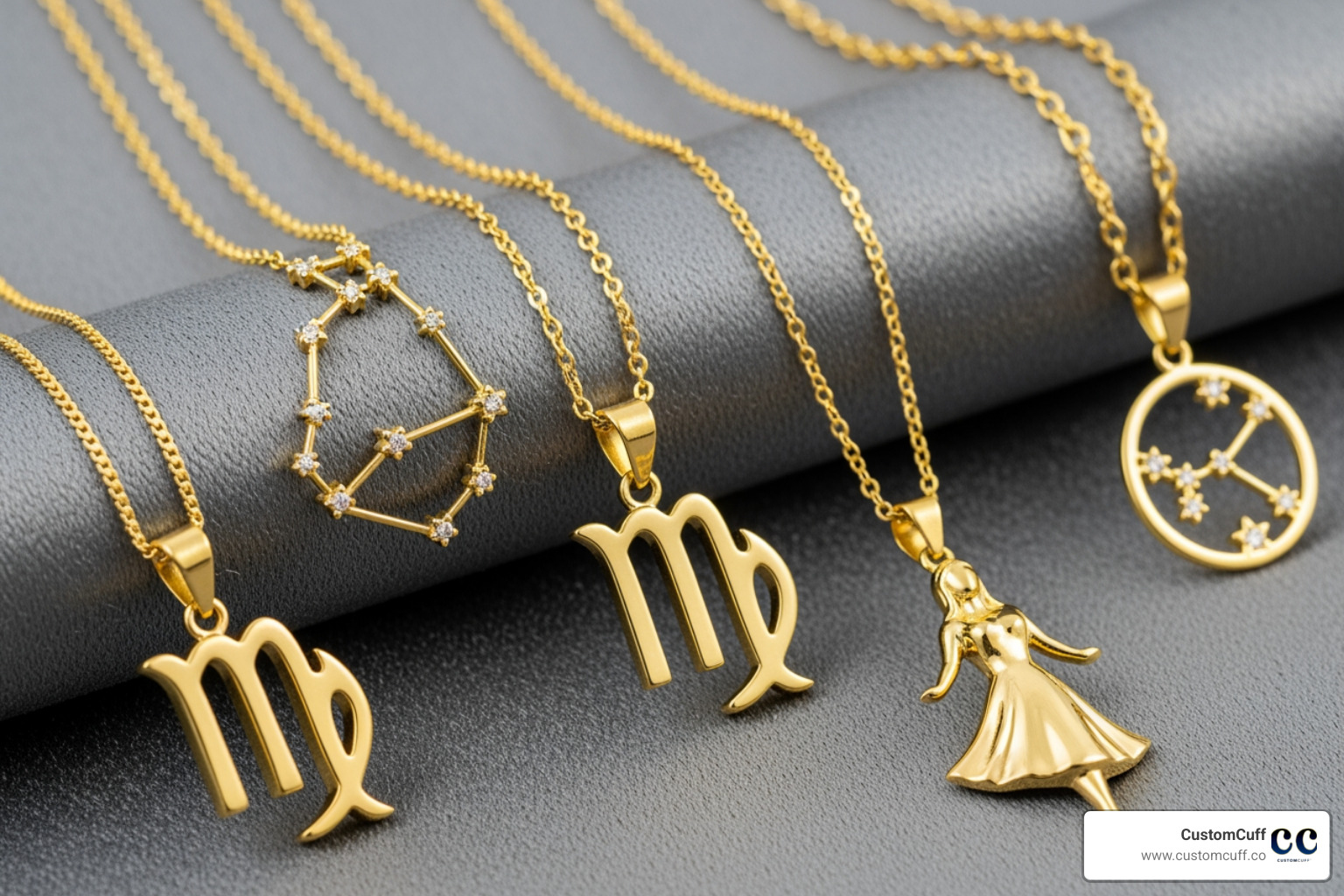 Different Virgo necklace designs, including the glyph, constellation, and Maiden figure. Alt text: "Variety of solid gold Virgo necklace designs." - solid gold virgo necklace