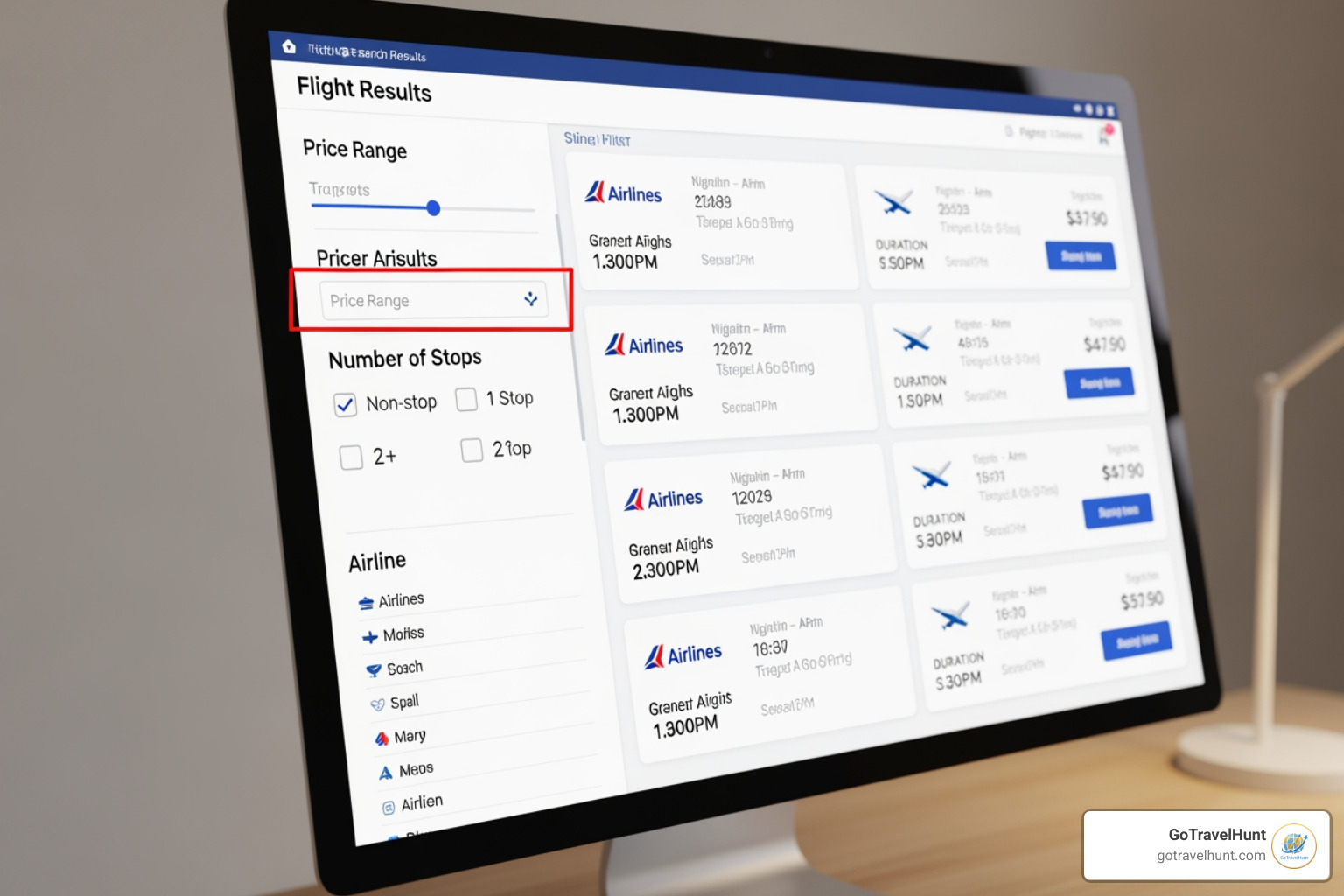 Flight search results page with filters highlighted. - flight fare finder