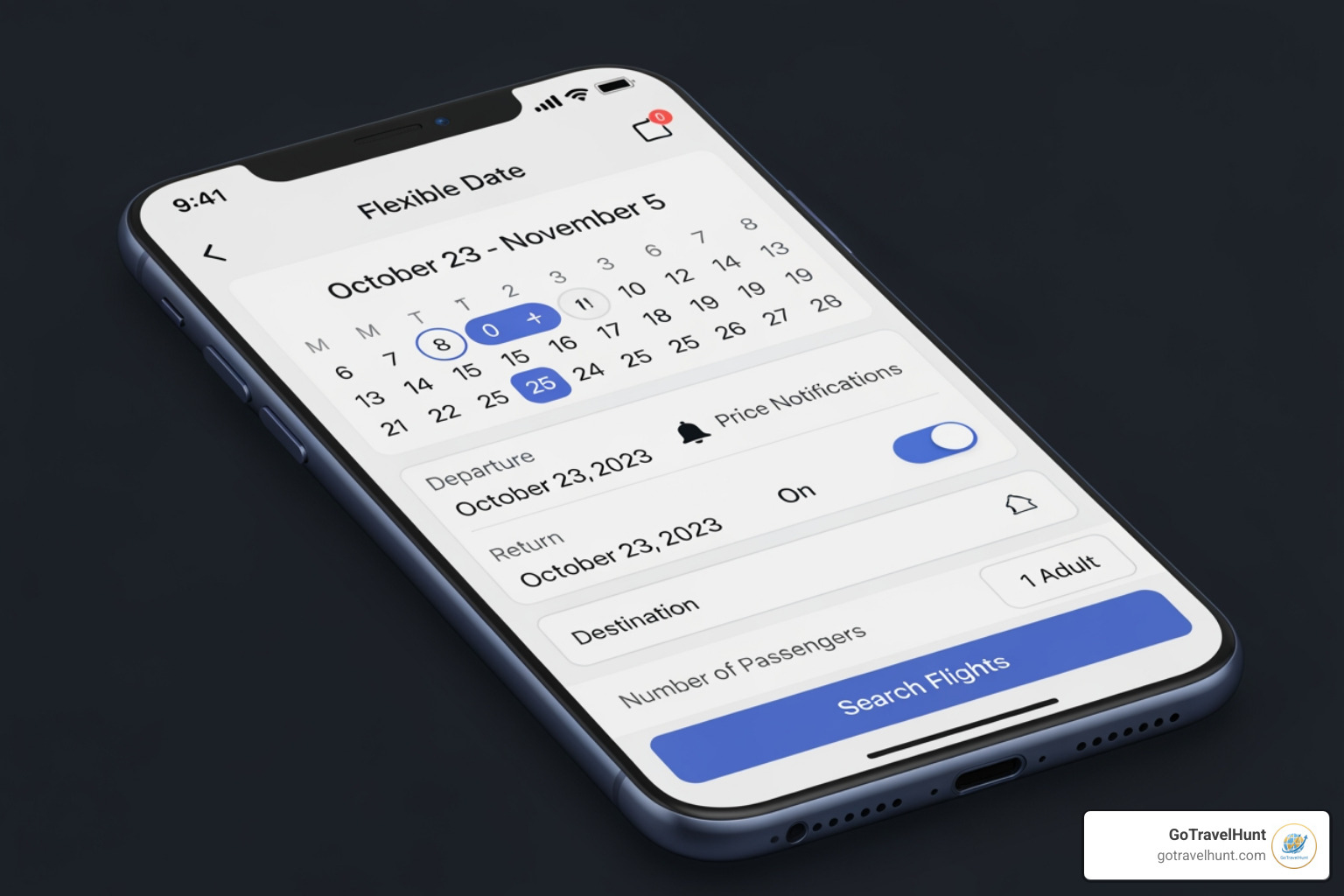 User interface showing flexible date options and a price alert toggle. - flight fare finder