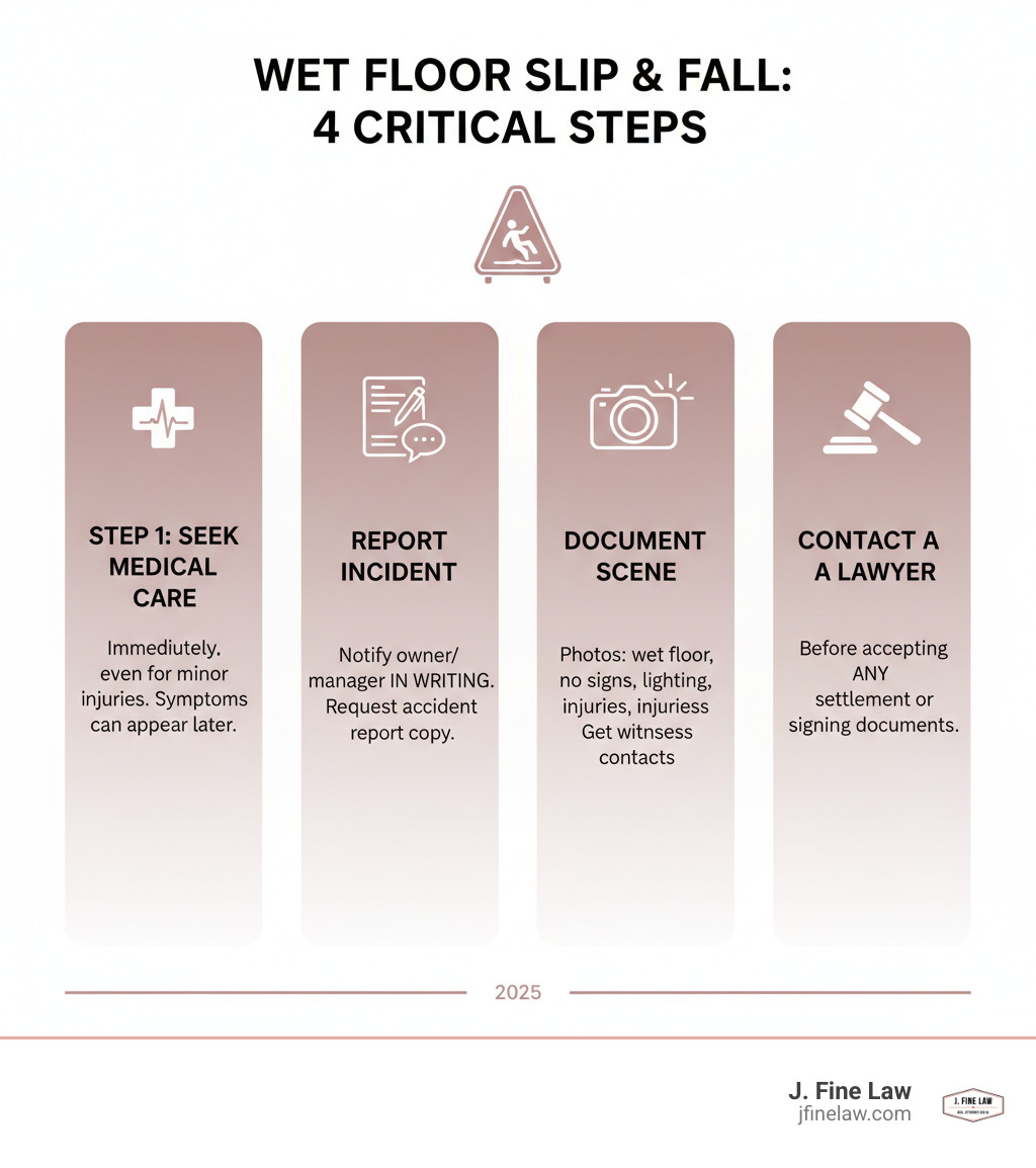 Infographic showing 4 critical steps after a wet floor slip and fall: Step 1 - Seek Medical Care Immediately (even if injuries seem minor, as some symptoms appear later); Step 2 - Report the Incident (notify property owner/manager in writing and request a copy of the accident report); Step 3 - Document the Scene (take photos of the wet floor, lack of warning signs, lighting conditions, and your injuries; get witness contact information); Step 4 - Contact a Lawyer (call before accepting any settlement or signing documents from insurance companies) - wet floor accident lawyer infographic Infographic showing 4 critical steps after a wet floor slip and fall: Step 1 - Seek Medical Care Immediately (even if injuries seem minor, as some symptoms appear later); Step 2 - Report the Incident (notify property owner/manager in writing and request a copy of the accident report); Step 3 - Document the Scene (take photos of the wet floor, lack of warning signs, lighting conditions, and your injuries; get witness contact information); Step 4 - Contact a Lawyer (call before accepting any settlement or signing documents from insurance companies) - wet floor accident lawyer infographic
