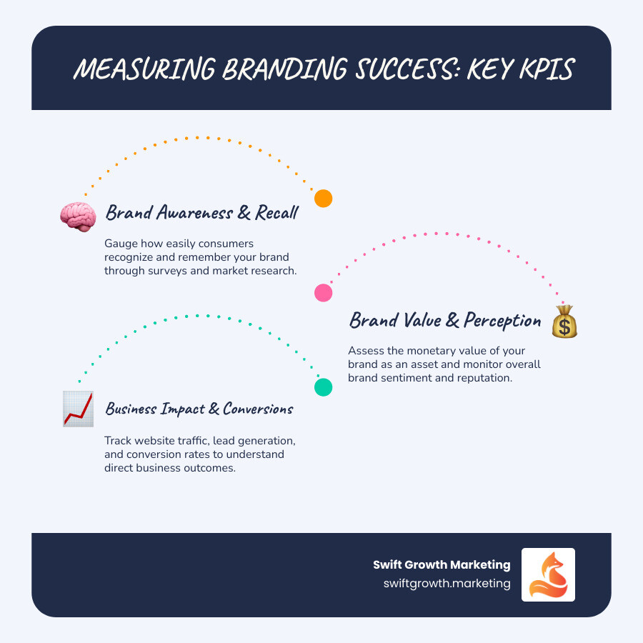 Infographic showing a progression of branding KPIs: starting with brand awareness (reach, impressions), moving to brand engagement (social media interactions, website time), then brand perception (sentiment, reputation), and finally business impact (conversion rates, customer loyalty, brand valuation). - brand studio services infographic infographic-line-3-steps-blues-accent_colors