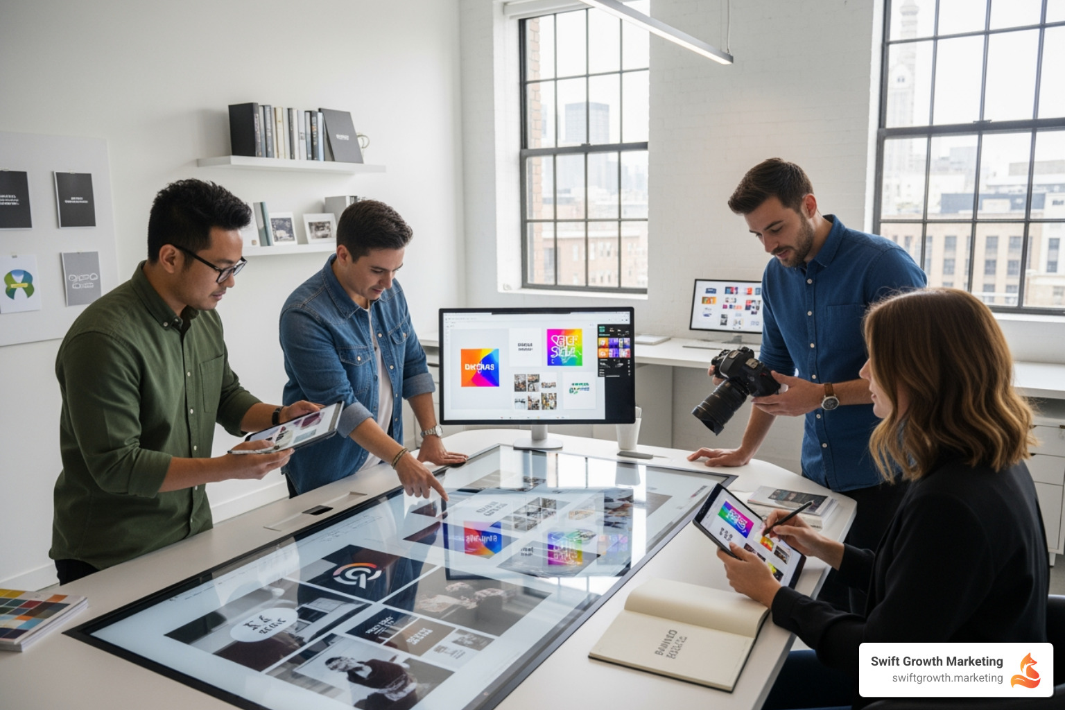 A person sitting at a desk, reviewing multiple brand studio portfolios on a laptop screen, comparing their work, and making notes. - brand studio services