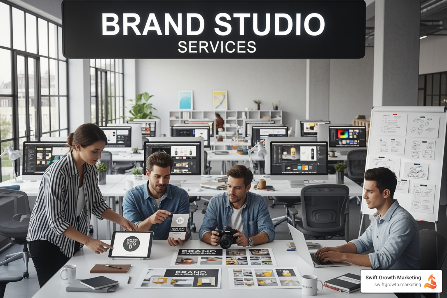 A monitor displaying a clean, organized brand guidelines website, with sections for logo usage, color palette, typography, and imagery. - brand studio services