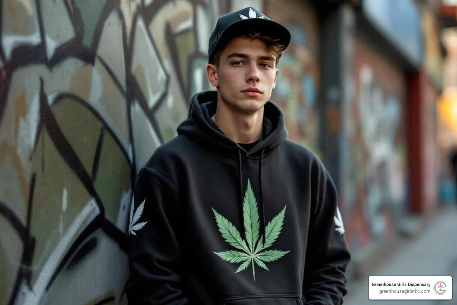 of a person in an urban environment wearing a graphic hoodie and snapback with subtle cannabis leaf art - cannabis clothing brands