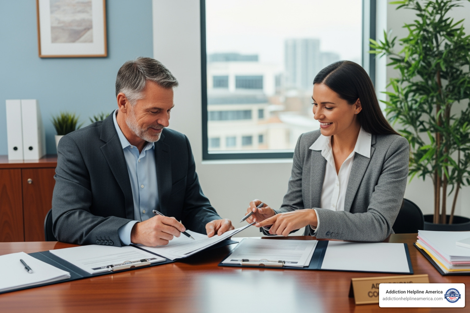 A person reviewing insurance documents with a facility admissions coordinator - detox centers in tulsa oklahoma A person reviewing insurance documents with a facility admissions coordinator - detox centers in tulsa oklahoma