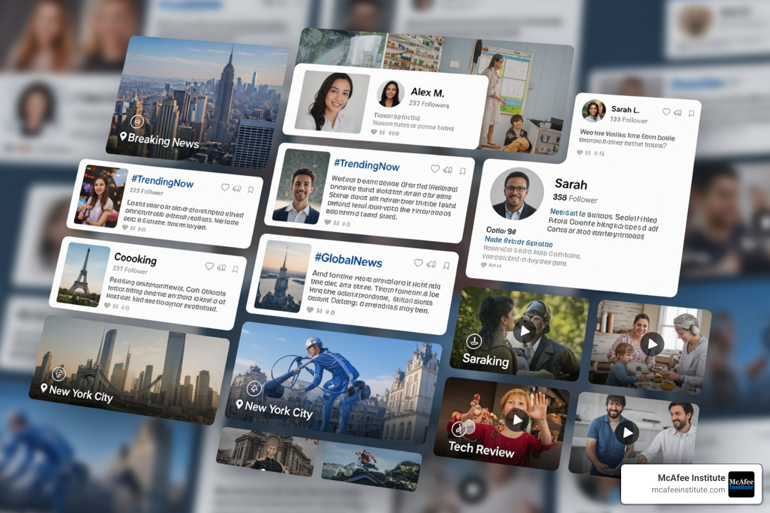 Collage showing different types of social media data: text posts with hashtags, images with geotagged locations, user profile pages, and video thumbnails - social media intelligence