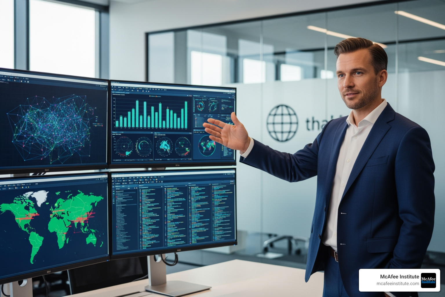 Professional intelligence analyst presenting findings in a modern office setting with multiple screens displaying data visualizations - social media intelligence