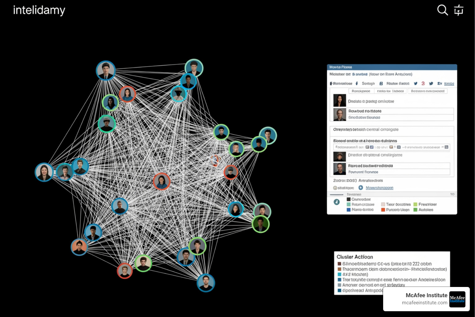 Network analysis graph showing connections between social media profiles, highlighting central figures and clusters of activity - social media intelligence