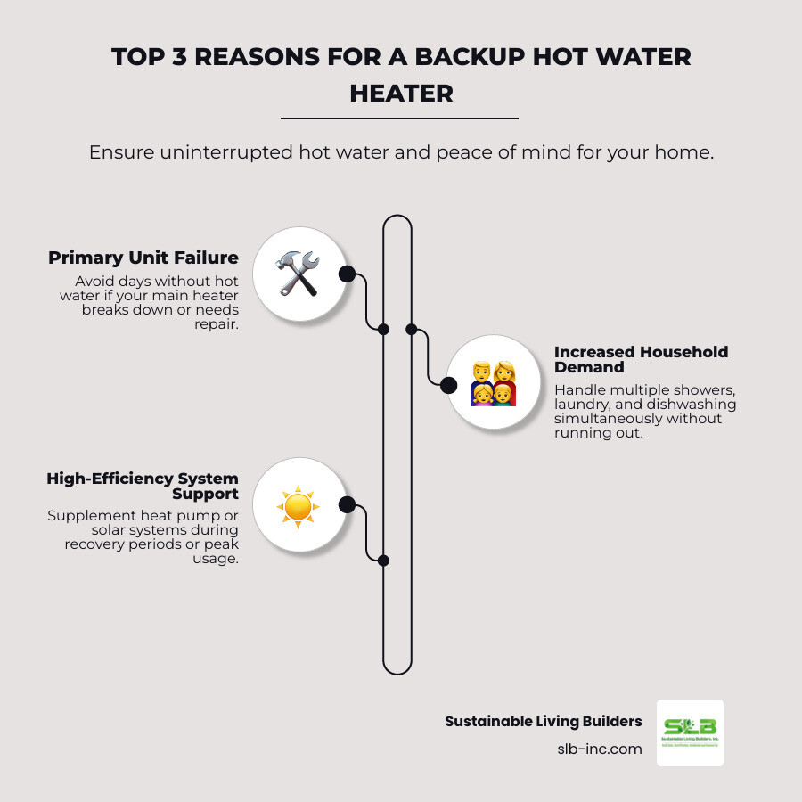 Infographic showing three main reasons for needing a backup hot water heater: 1) Primary heater failure with wrench icon and broken tank, 2) Increased household demand with multiple faucets and family silhouettes, 3) High-efficiency system support showing heat pump with sun icon - backup hot water heater infographic infographic-line-3-steps-elegant_beige Infographic showing three main reasons for needing a backup hot water heater: 1) Primary heater failure with wrench icon and broken tank, 2) Increased household demand with multiple faucets and family silhouettes, 3) High-efficiency system support showing heat pump with sun icon - backup hot water heater infographic infographic-line-3-steps-elegant_beige