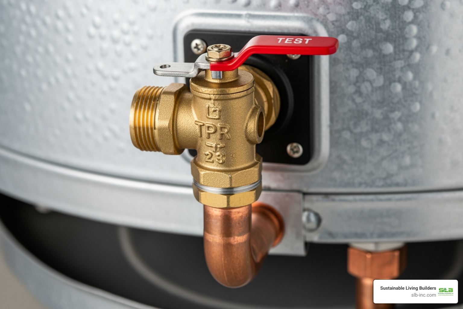 Close-up of a Temperature and Pressure Relief (TPR) valve on a residential water heater, showing the valve and its discharge pipe clearly. - backup hot water heater Close-up of a Temperature and Pressure Relief (TPR) valve on a residential water heater, showing the valve and its discharge pipe clearly. - backup hot water heater