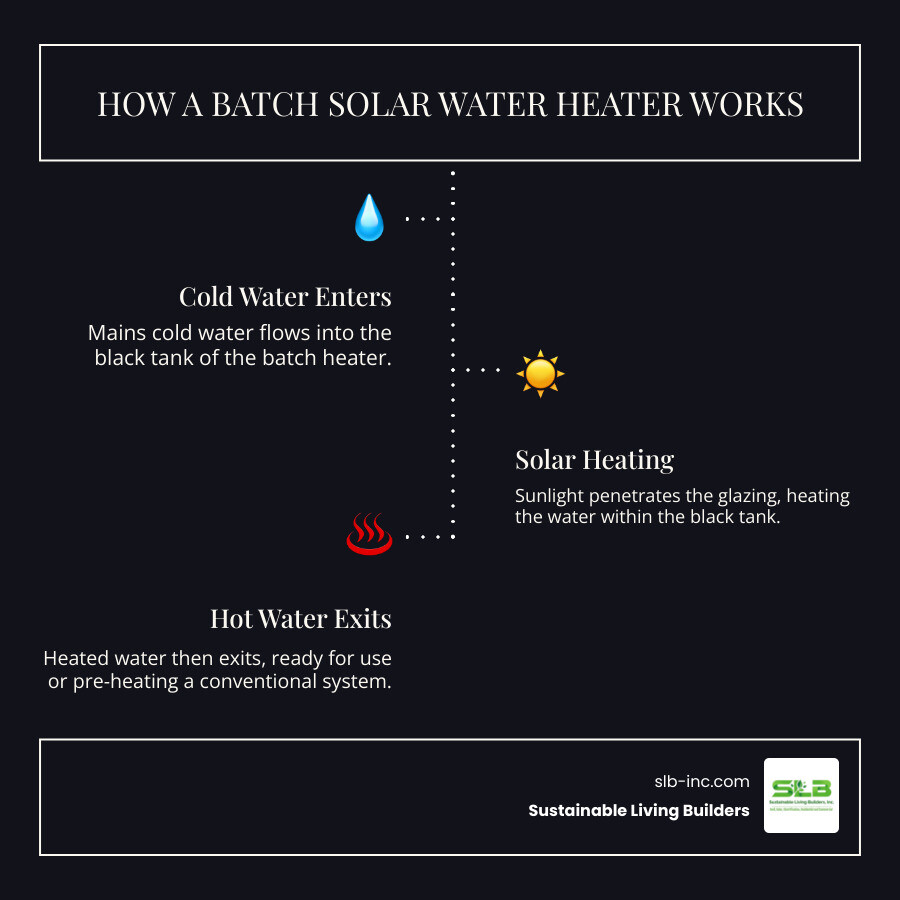 infographic showing cold water entering a black tank in an insulated glazed box, sun rays heating the water, and hot water flowing out to the house plumbing system - batch hot water heater infographic infographic-line-3-steps-dark infographic showing cold water entering a black tank in an insulated glazed box, sun rays heating the water, and hot water flowing out to the house plumbing system - batch hot water heater infographic infographic-line-3-steps-dark