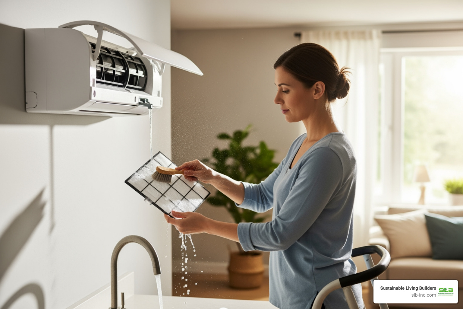 homeowner cleaning mini-split filter - ac heat pump installation