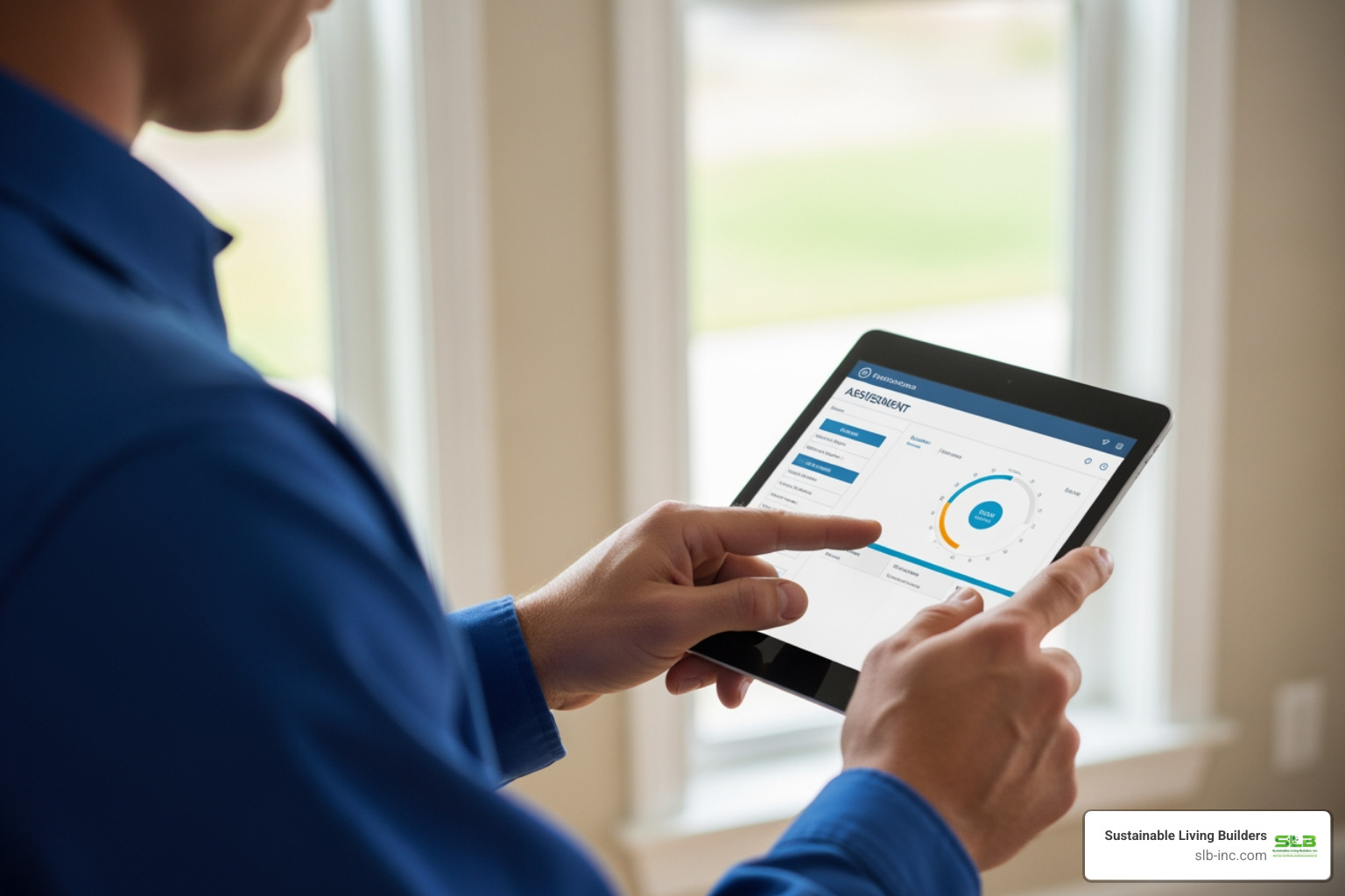 professional using tablet for home energy assessment - ac heat pump installation