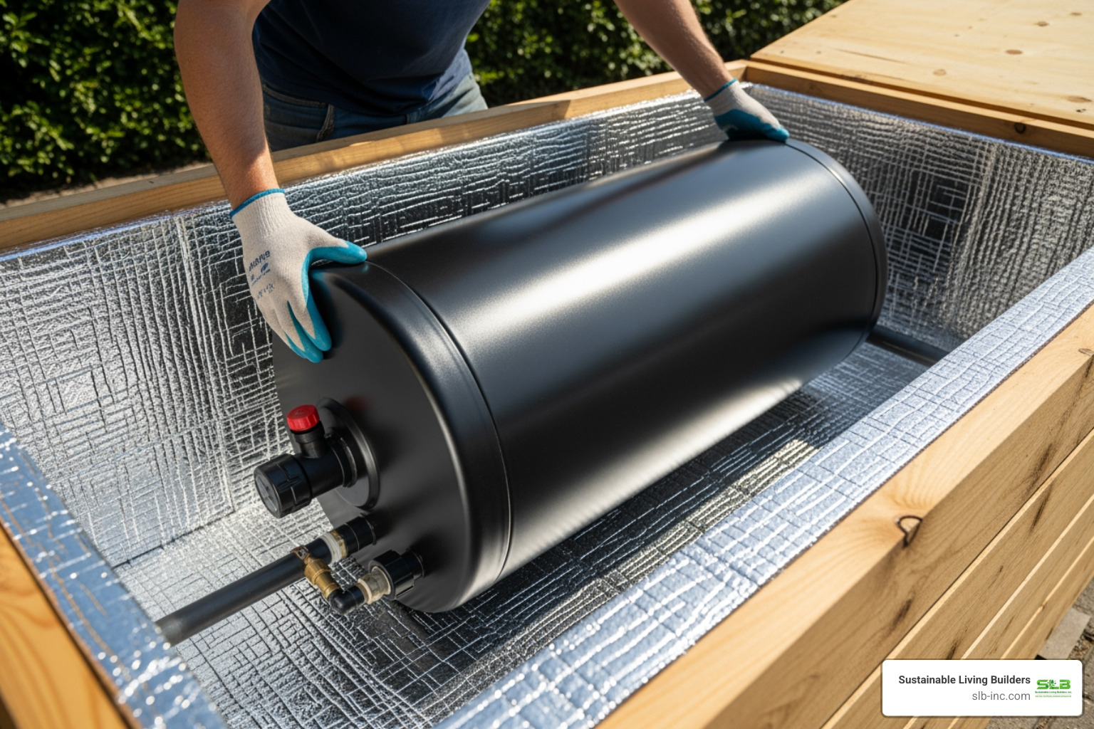 tank being placed inside the insulated box before the glazing is added - batch hot water heater tank being placed inside the insulated box before the glazing is added - batch hot water heater