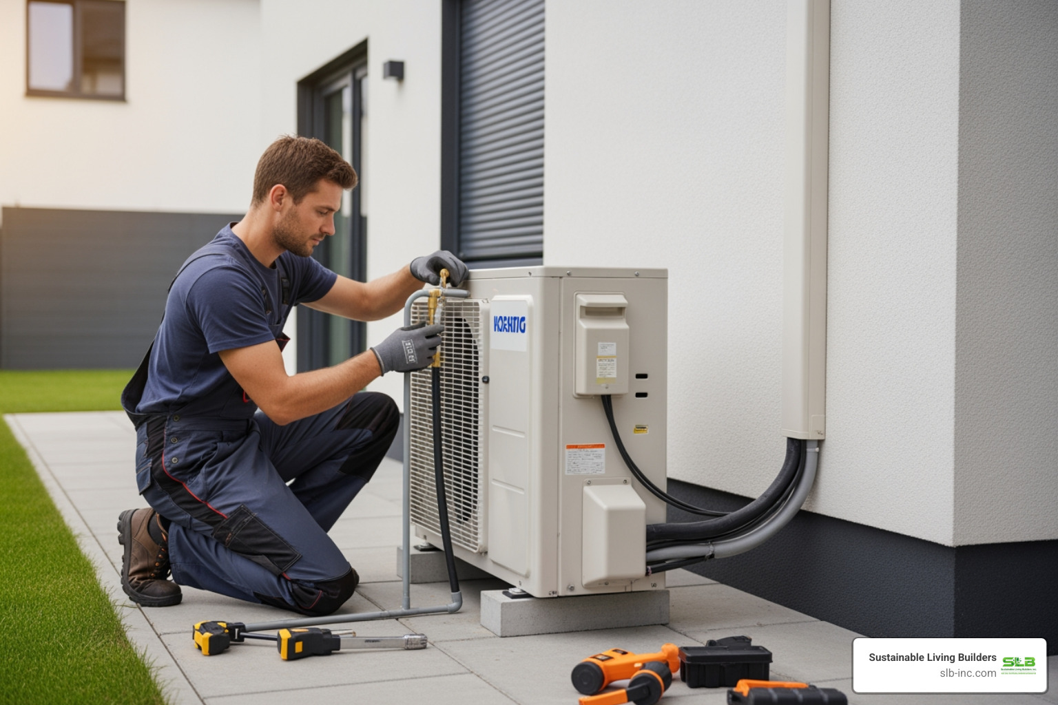 HVAC professional installing outdoor condenser unit - ac heat pump installation