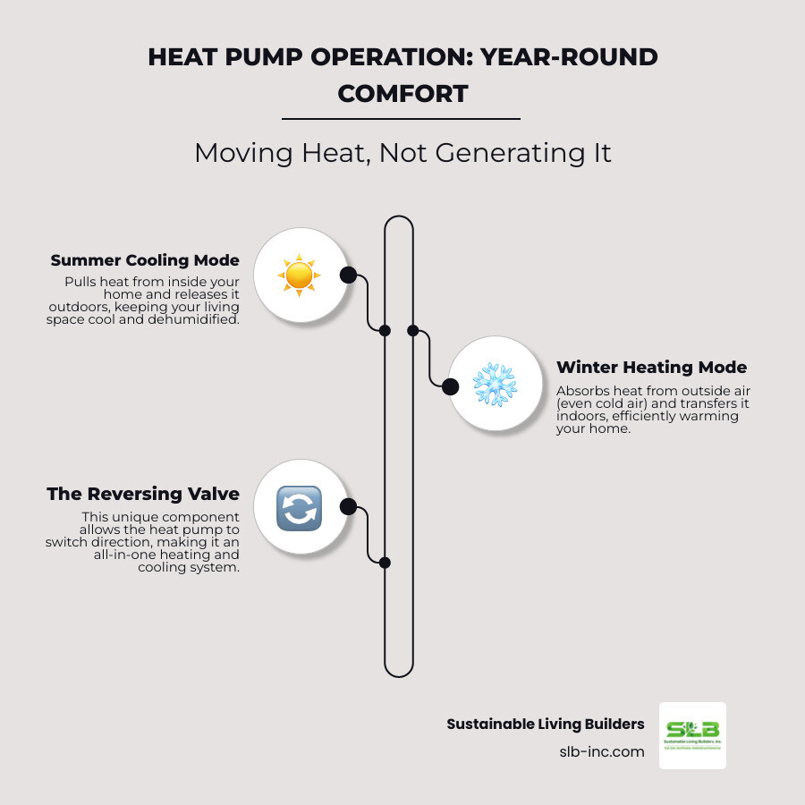 infographic showing heat pump operation: left side shows summer mode with heat moving from inside to outside, right side shows winter mode with heat moving from outside to inside, center shows the reversing valve that switches between modes, with efficiency ratings and cost savings highlighted - replace ac with heat pump infographic infographic-line-3-steps-elegant_beige