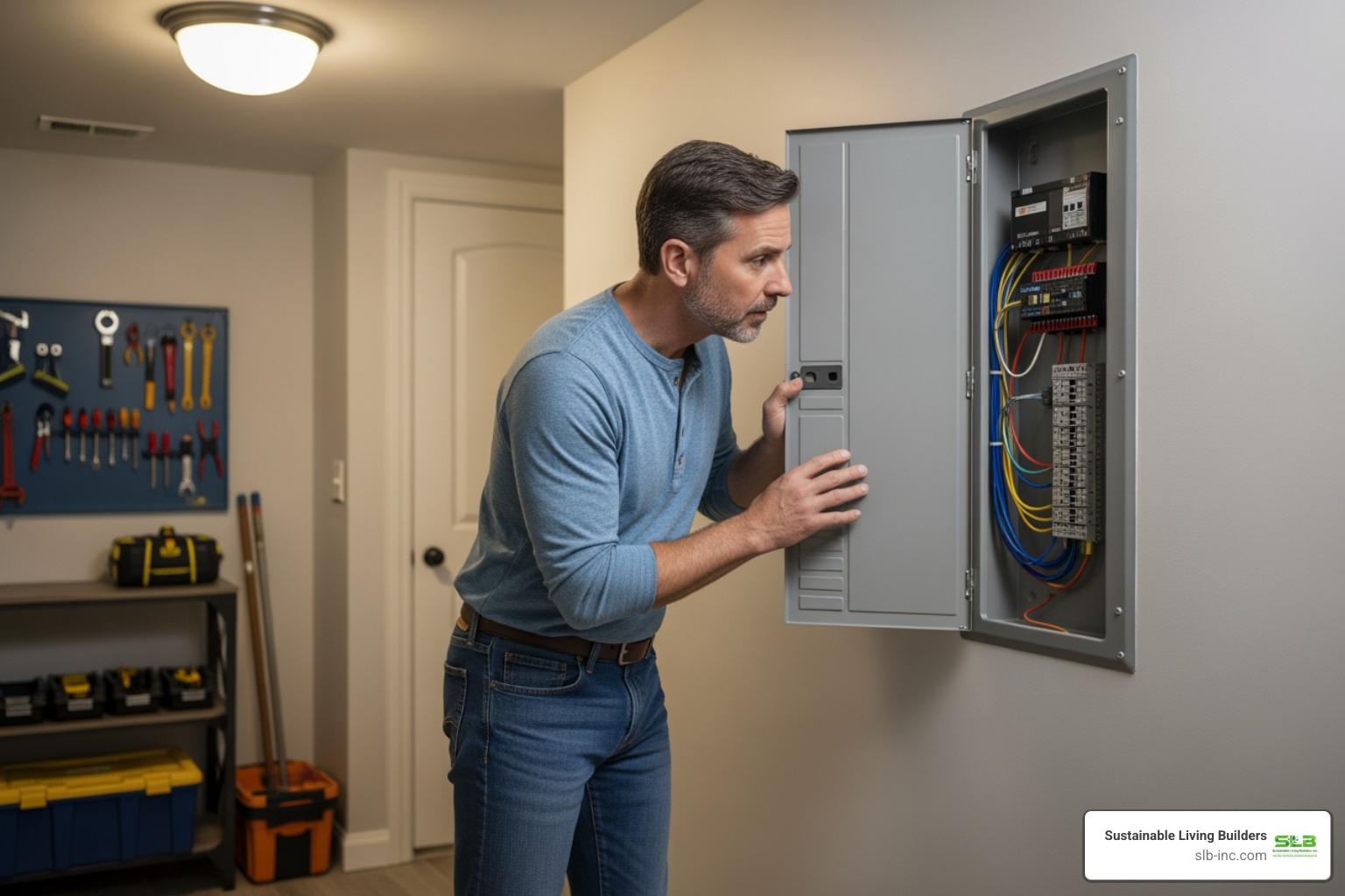 homeowner checking electrical panel - house electrical panel