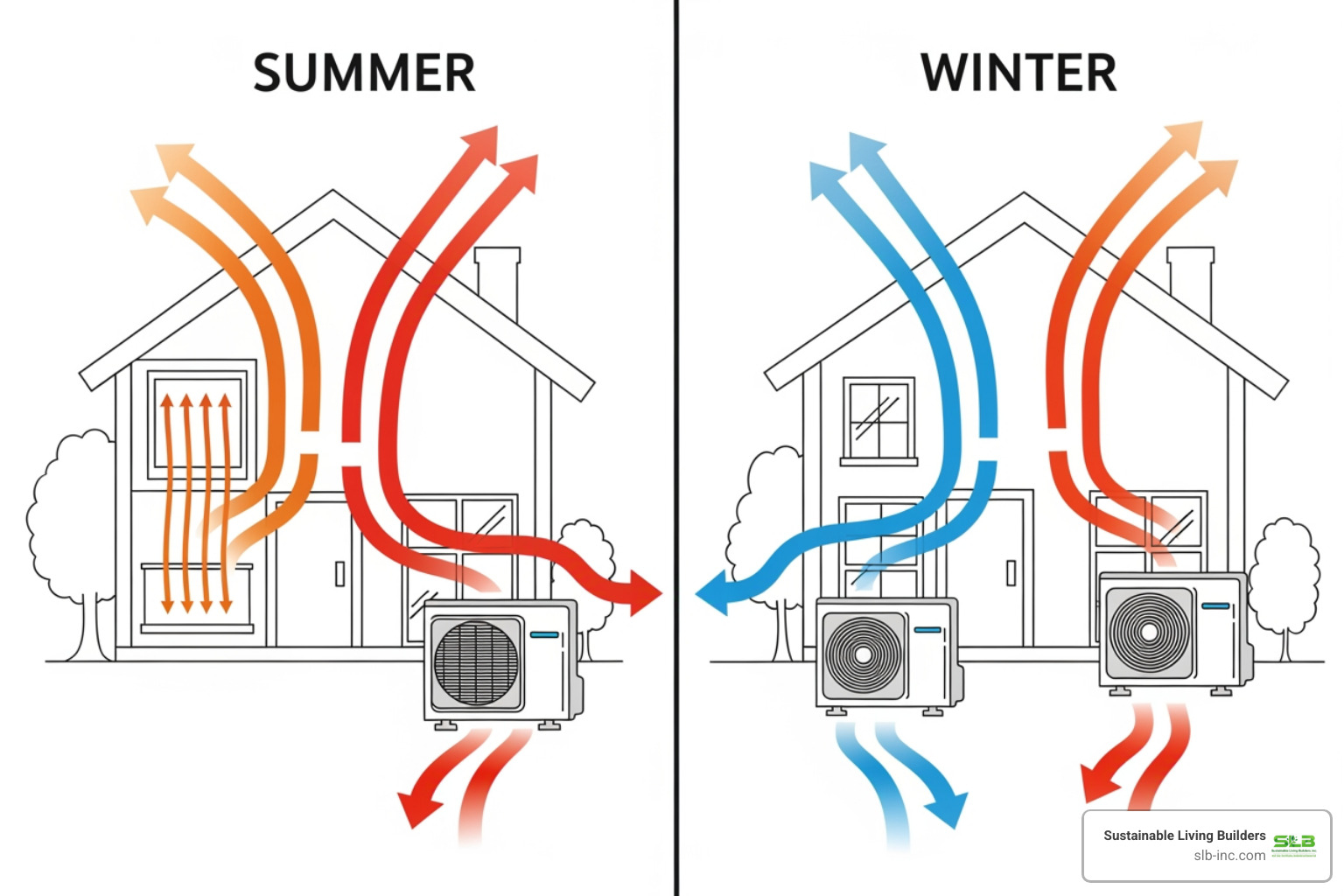 diagram illustrating a heat pump's heating and cooling cycle showing refrigerant flow and heat exchange in both summer and winter modes - replace ac with heat pump