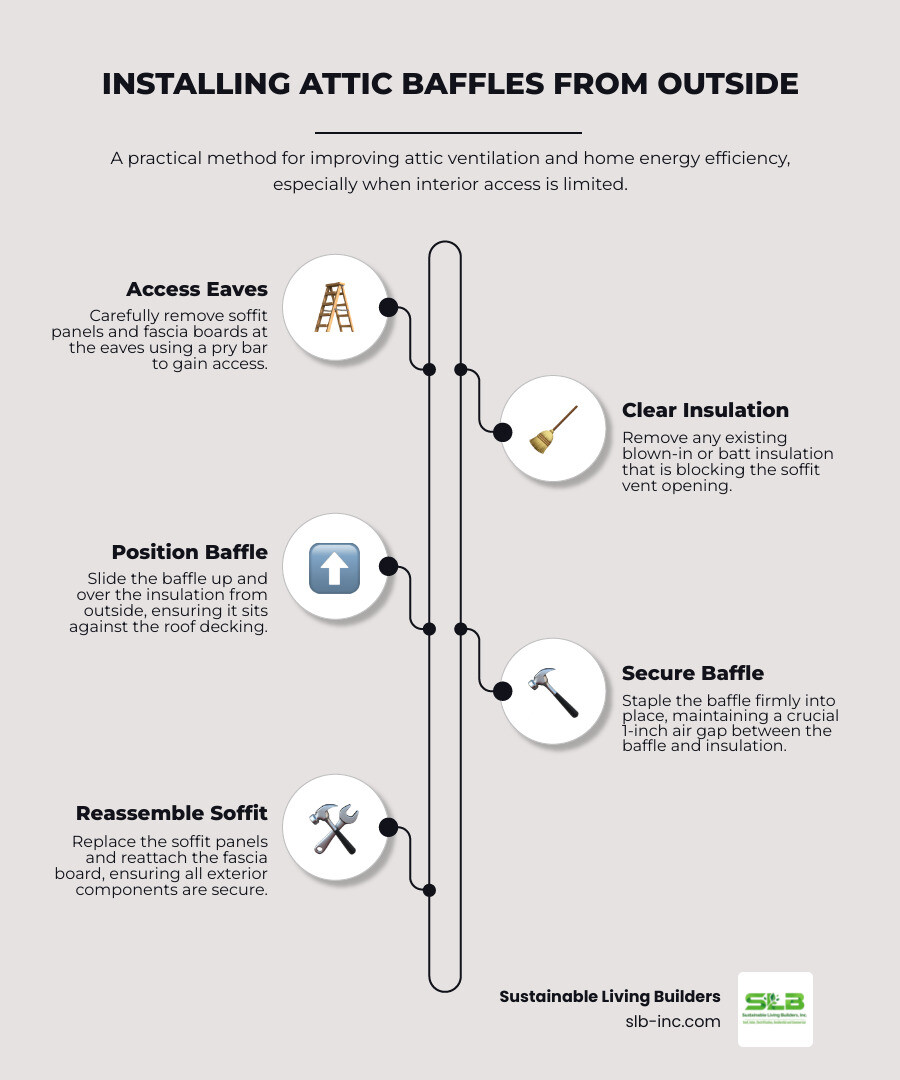 Infographic explaining how a balanced attic ventilation system works (soffit intake and ridge exhaust) - installing attic baffles from outside infographic infographic-line-5-steps-elegant_beige