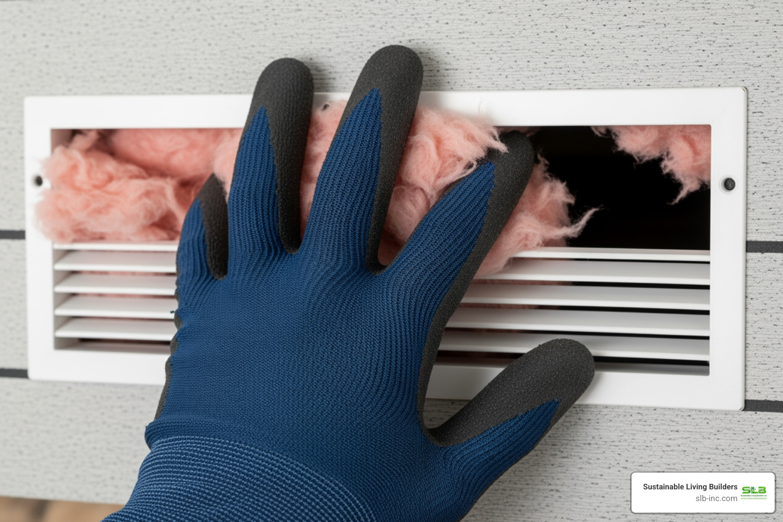 A hand reaching into a soffit vent opening to clear insulation - installing attic baffles from outside