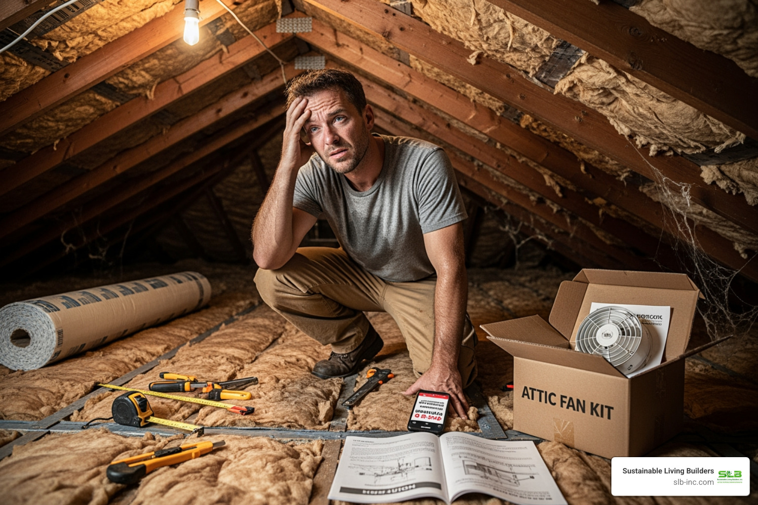 A homeowner looking frustrated at a tight attic space, considering calling a professional - installing attic baffles from outside