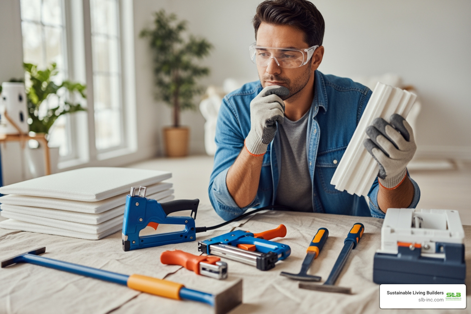 A homeowner wearing safety gear, looking at tools and materials laid out for a home improvement project - installing attic baffles from outside